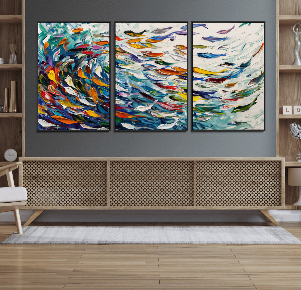 Modern Abstract Fish Shoal Wall Art Canvas Print, Colorful