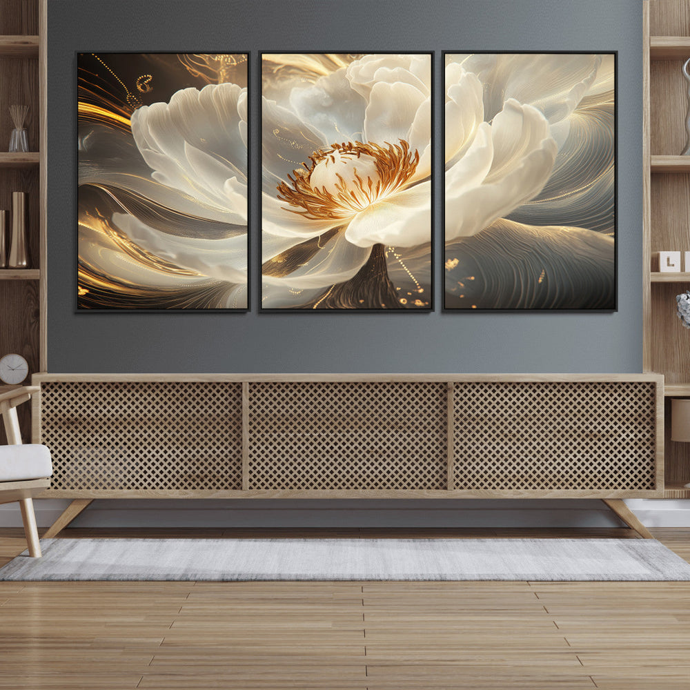 Gold Floral Wall Art Canvas Print, Framed Modern Flower Art
