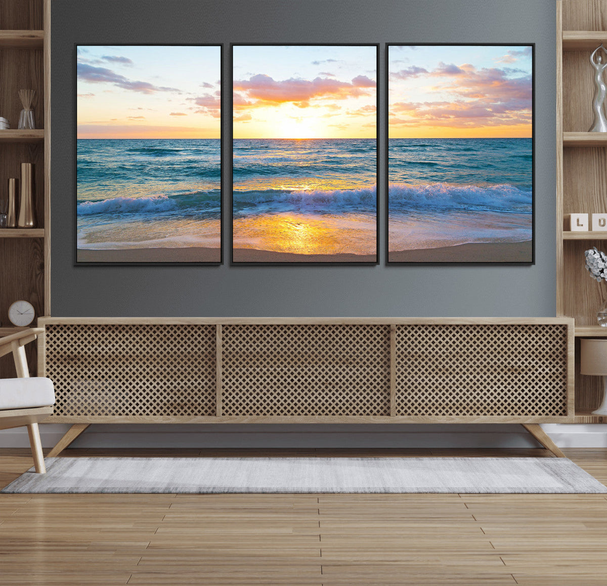 Golden Sunset Over Ocean Waves - Serene Coastal Triptych