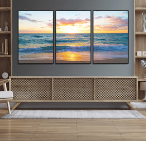 Golden Sunset Over Ocean Waves - Serene Coastal Triptych