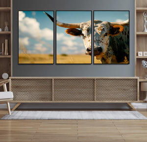 Longhorn in the Prairie - Stunning Ranch-Style Triptych Wall
