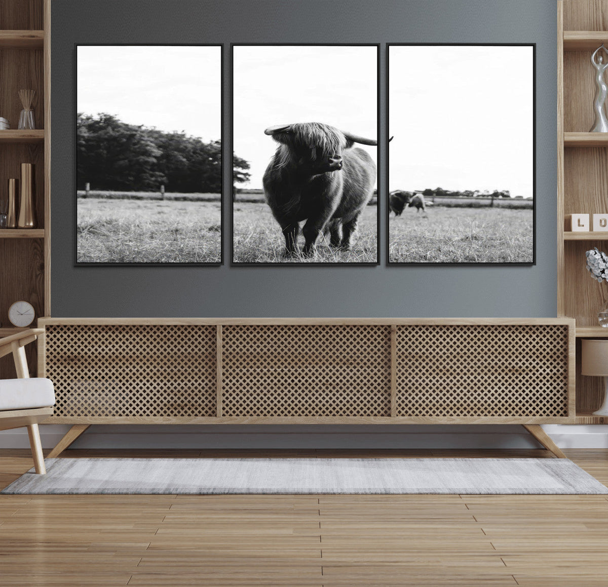 Black and White Highland Cow Wall Art Canvas Print | Rustic