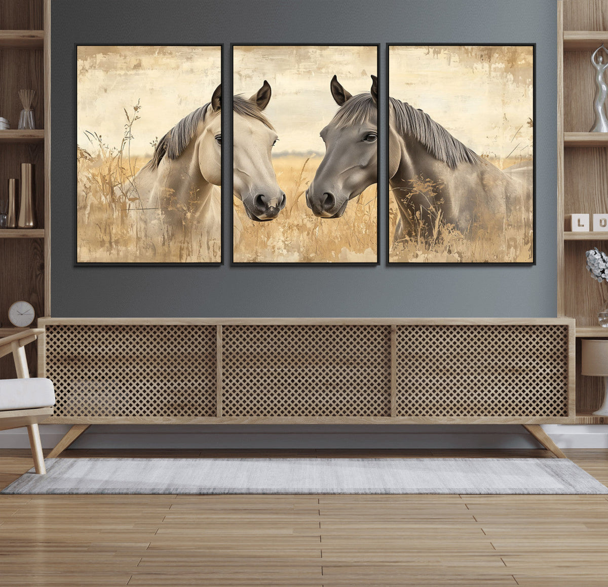 Chines Ink Style Grunge Horses Wall Art Canvas Print