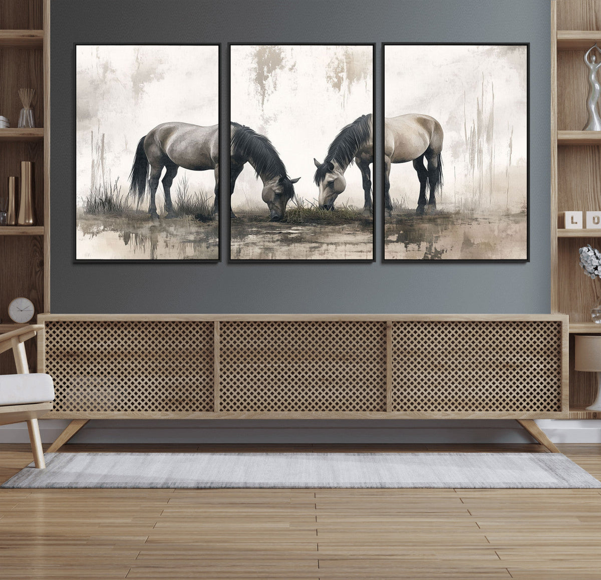 Chines Ink Style Vintage Horses Wall Art Canvas Print for