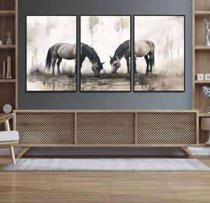 Chines Ink Style Vintage Horses Wall Art Canvas Print for