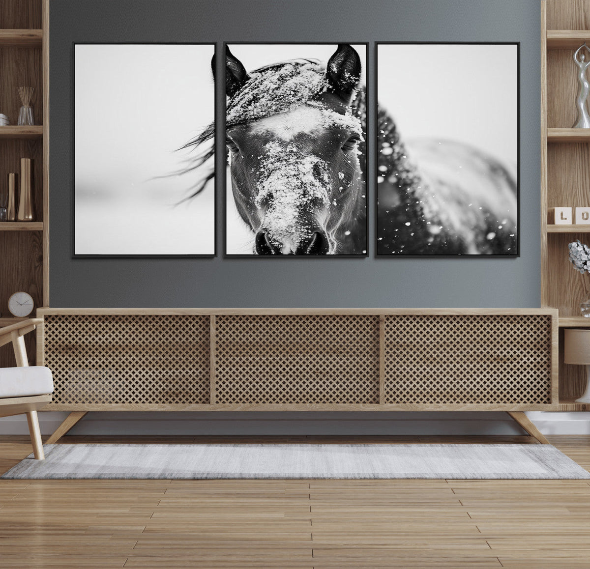 Western Wall Art | Black and White Winter Horse Wall Art |