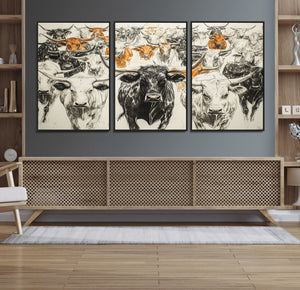 Farmhouse Wall Art | Western Longhorn Cattle Canvas Print |