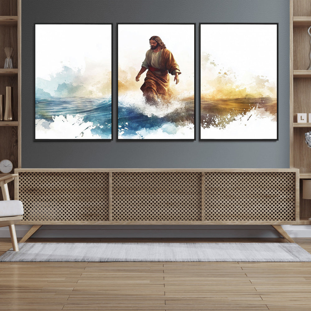 Watercolor Jesus Walking Wall Art Print, Jesus Water Canvas