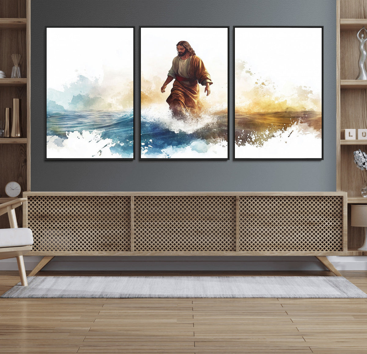 Watercolor Jesus Walking Wall Art Print, Jesus Water Canvas