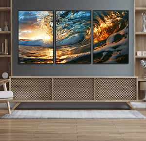 Ocean Wave at Sunset Canvas Wall Art – Vibrant Coastal Beach