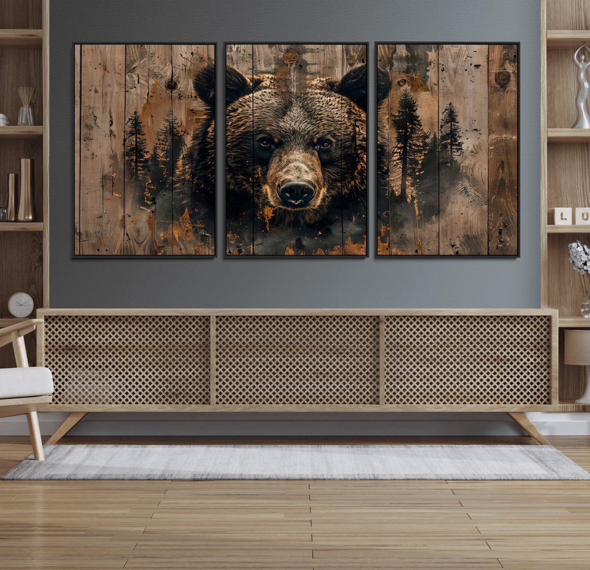 Rustic Grizzly 399 Wall Art | Triptych Canvas Print | Rustic