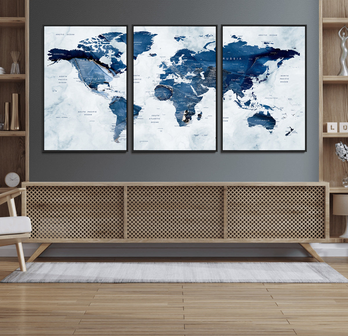 Modern Blue World Map Canvas Print – Framed Wall Art,