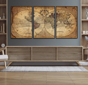 Vintage World Map Wall Art Canvas – Antique Style Push Pin