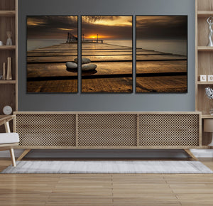 Stones on Wooden Pier at Sunset Canvas Print, Serene Coastal
