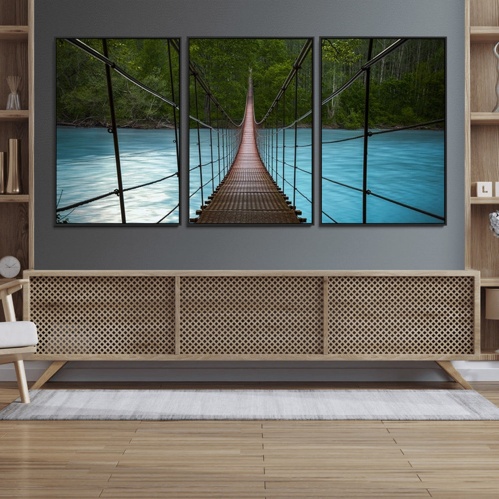 Suspension Bridge Over River Canvas Art | 3-Panel Nature