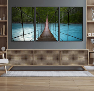 Suspension Bridge Over River Canvas Art | 3-Panel Nature
