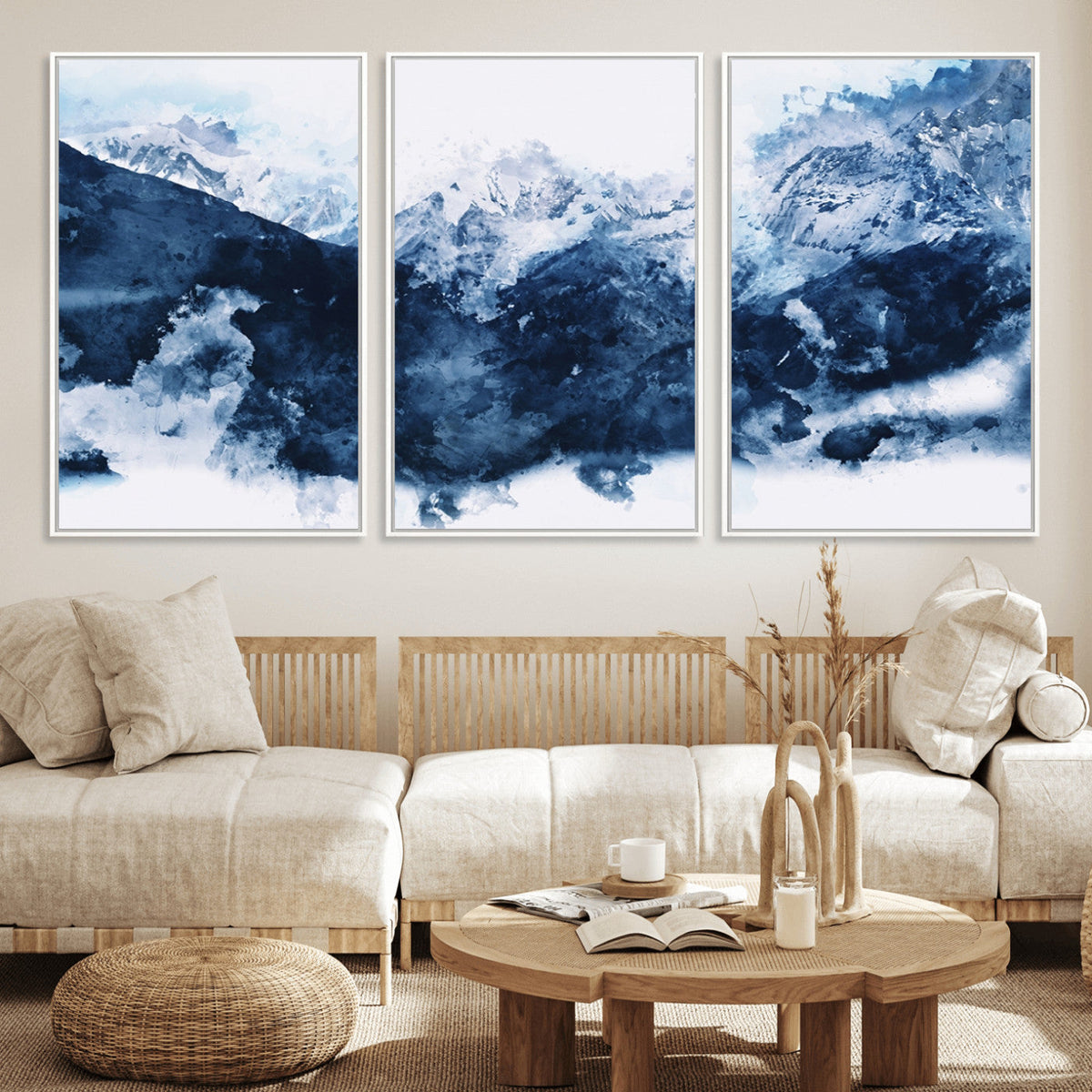 Abstract Blue Mountain Canvas Wall Art – Modern Triptych