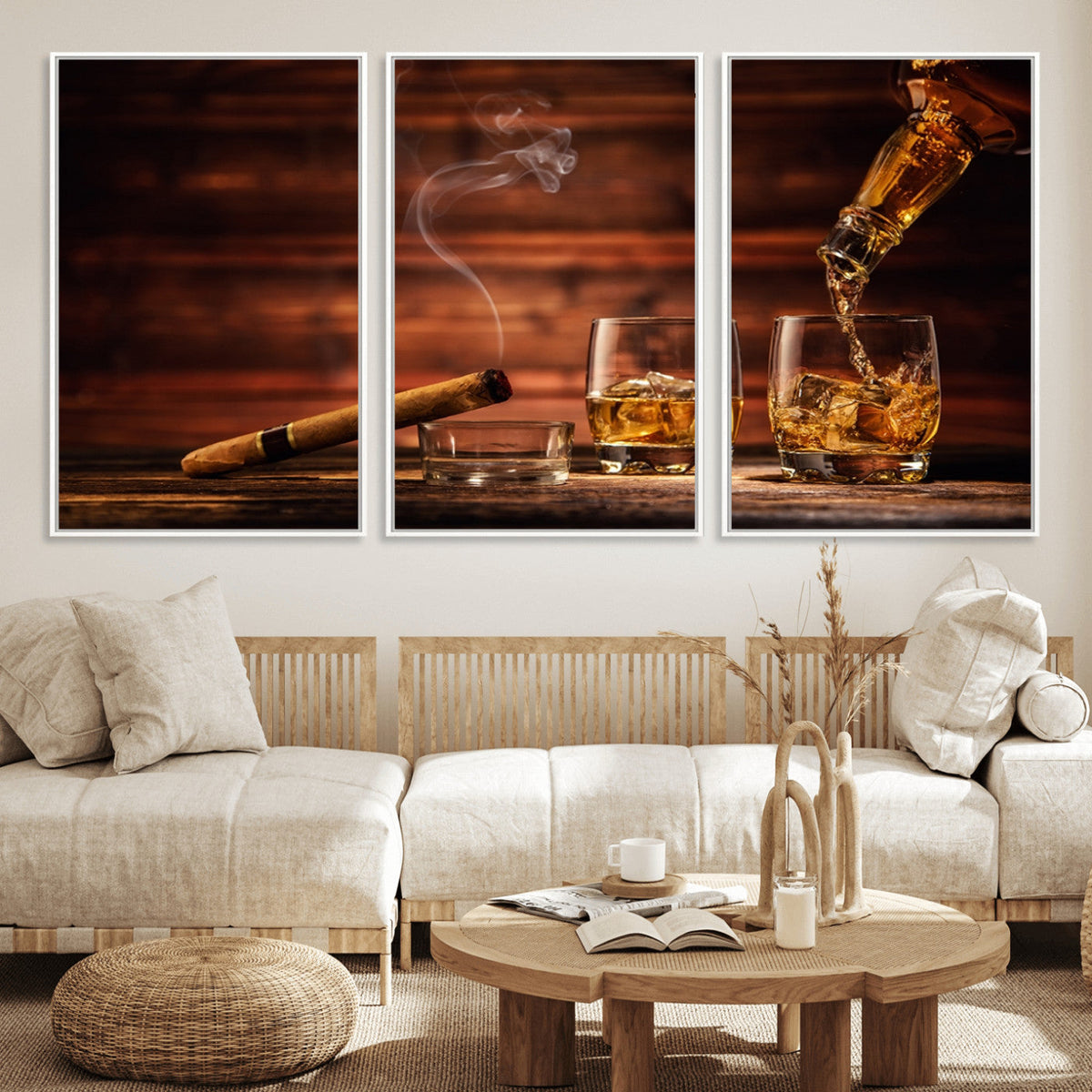 Whiskey and Cigar Wall Art Canvas | 3 Panel Bar Room Decor