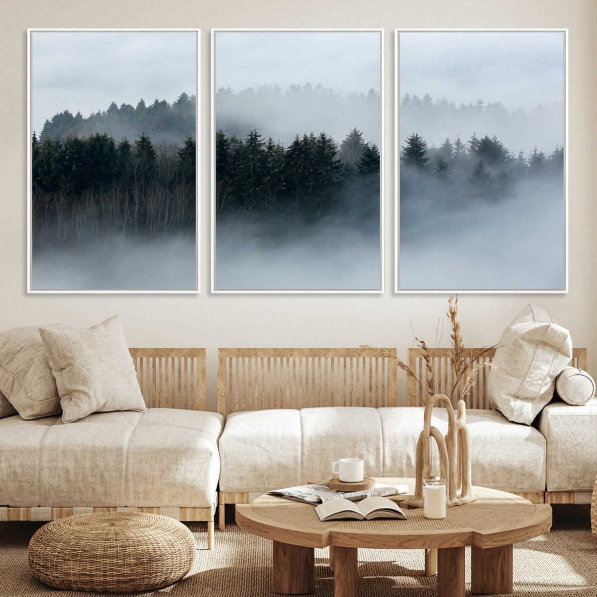 Autumn and Misty Trees in the Forest Wall Art Canvas Print,