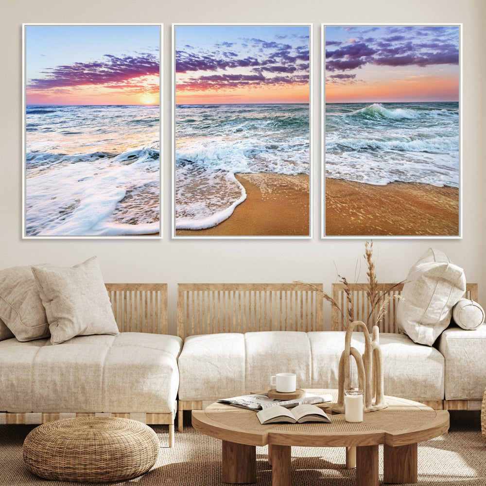 Coastal Sunset Art Beach Canvas Wall Art Print | Ocean Waves