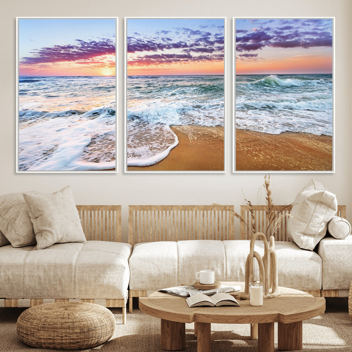 Coastal Sunset Art Beach Canvas Wall Art Print | Ocean Waves