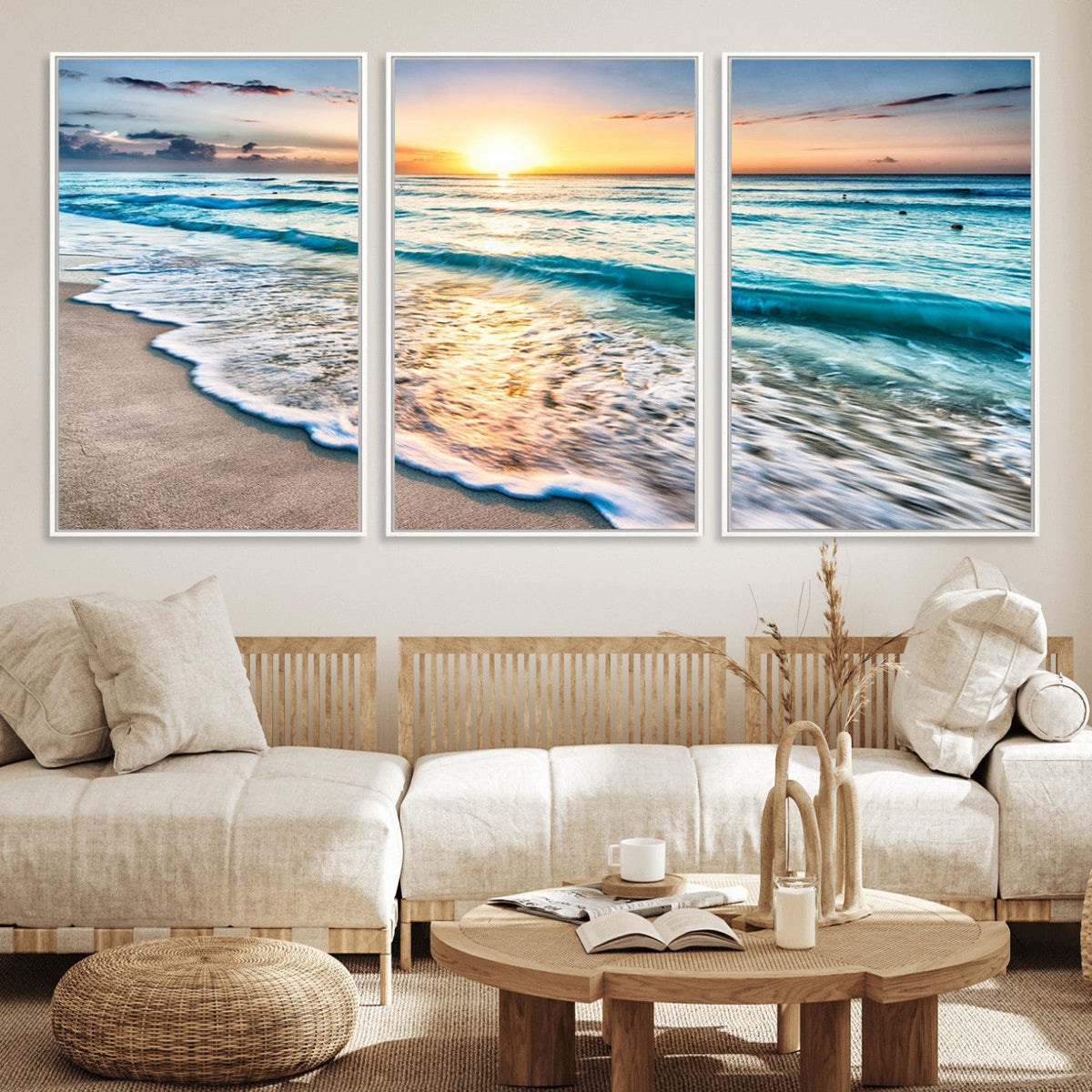 Sunset Beach Waves Canvas Wall Art – 5-Panel Ocean Sunset