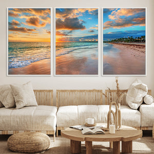 Sunset Ocean Waves on Tropical Beach, 3-Panel Giclee Canvas
