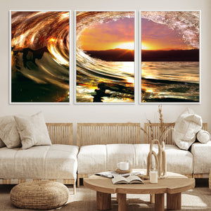 Golden Wave Sunset Triptych Canvas Art, Giclee Canvas Print