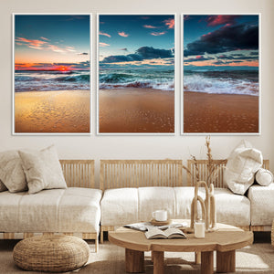 Sunset on Beach Wall Art Ocean Beach Canvas Print