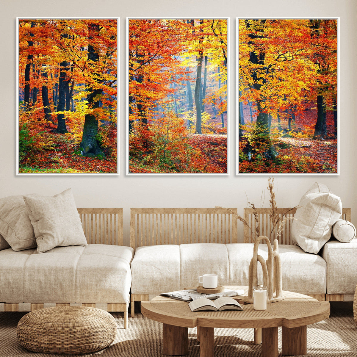 Autumn Red Forest Triptych Canvas Wall Art Print, Forest