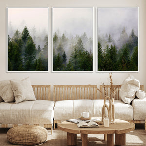 Misty Pine Forest Wall Art Canvas Print | 3 Panel Green