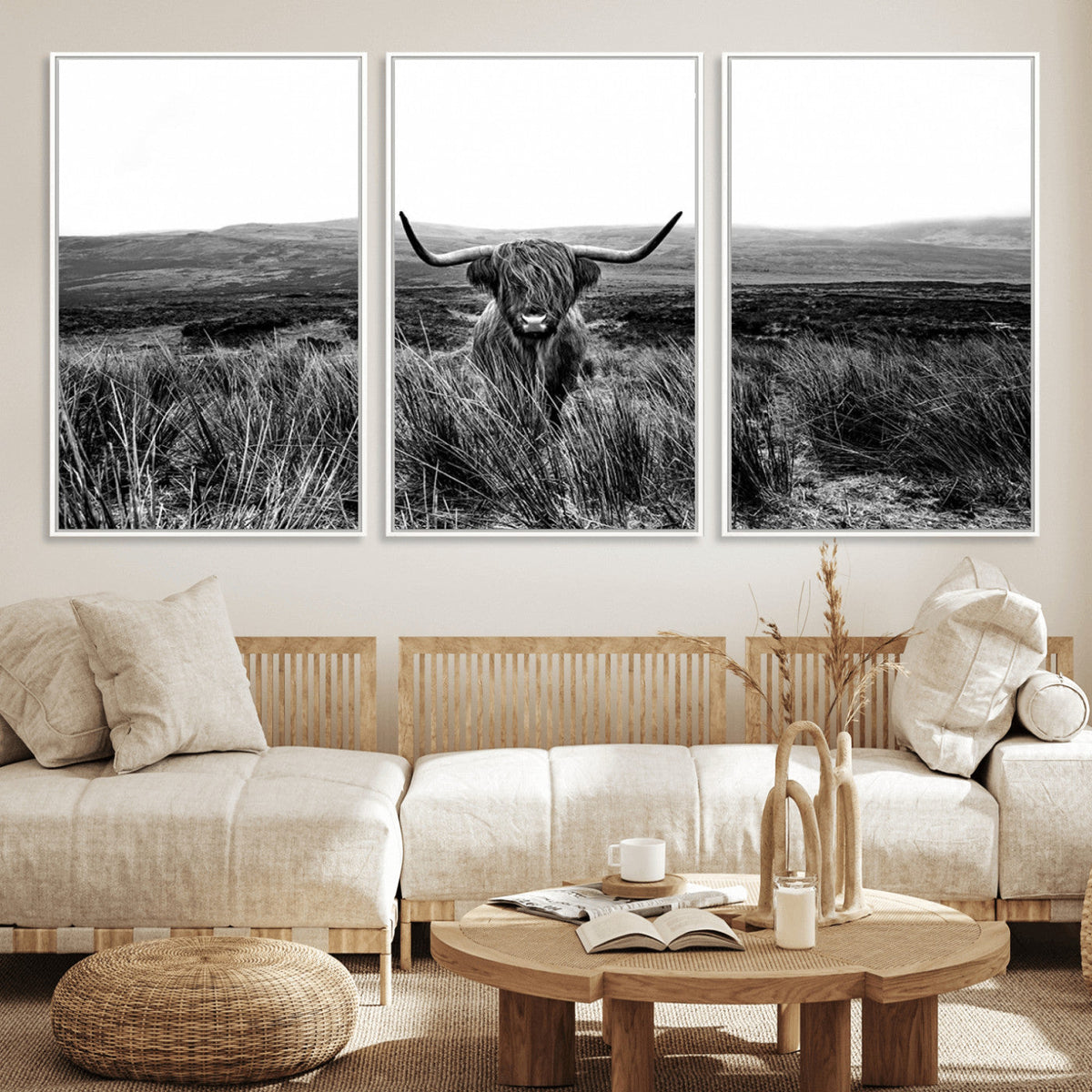 Black and White Highland Cow Canvas Wall Art, Longhorn