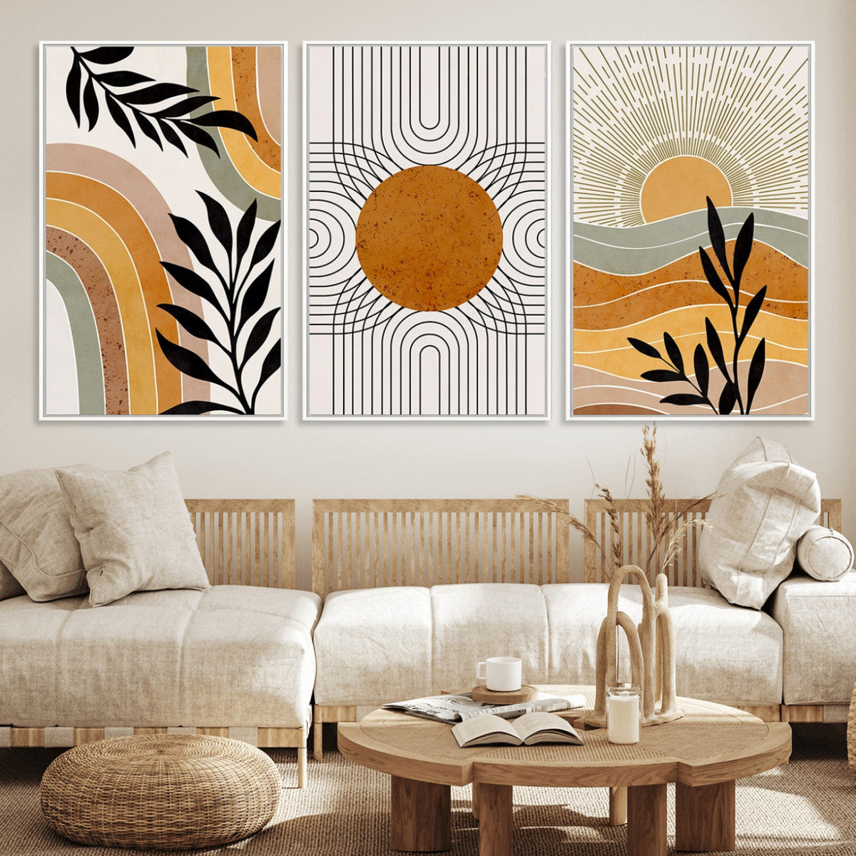 Modern Boho Sun and Leaf Abstract Art – 3-Panel Giclée