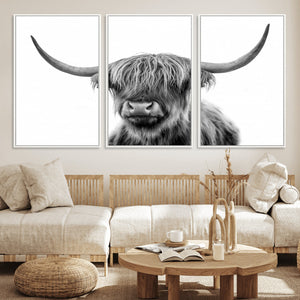 Grayscale Scottish Highland Cow Cattle Art Print Farmhouse