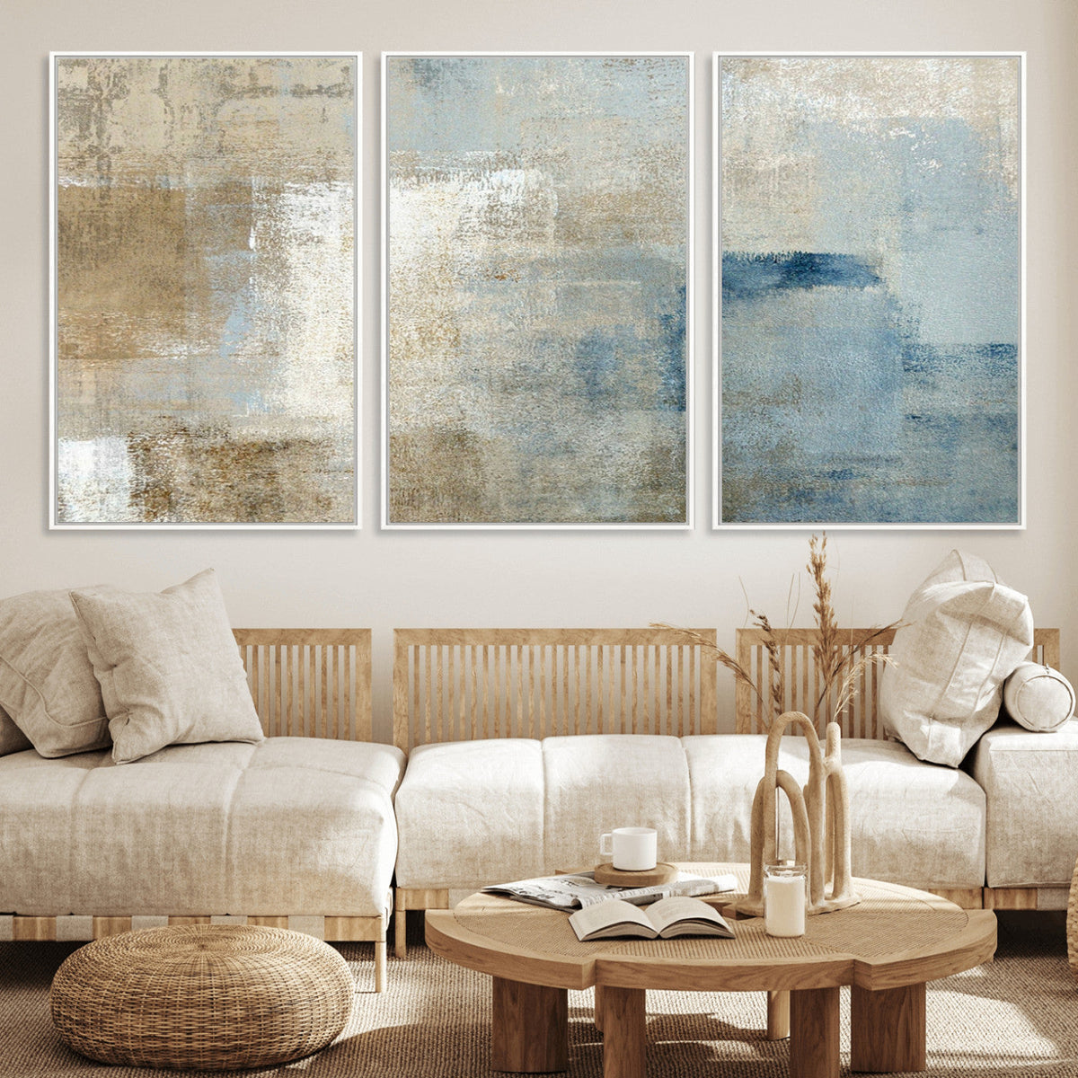 Abstract Blue and Beige Wall Art, Modern Minimalist Canvas