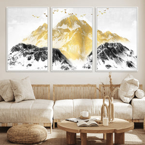 Golden Mountain Triptych Wall Art Canvas Print, Modern