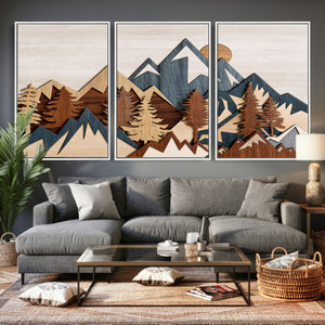 Rustic Abstract Wood Panel Effect Canvas Mountain Range Top