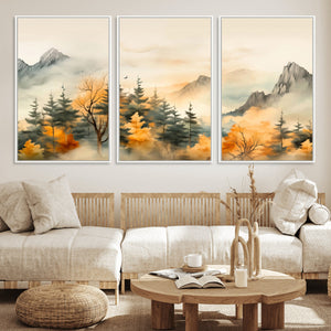Abstract Watercolor Mountains and Trees Autumn Art,