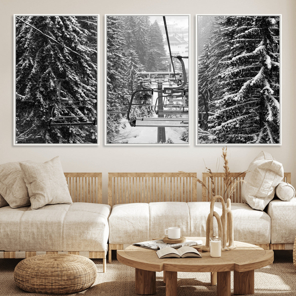 Winter Ski Lift Black and White Canvas Wall Art – Alpine