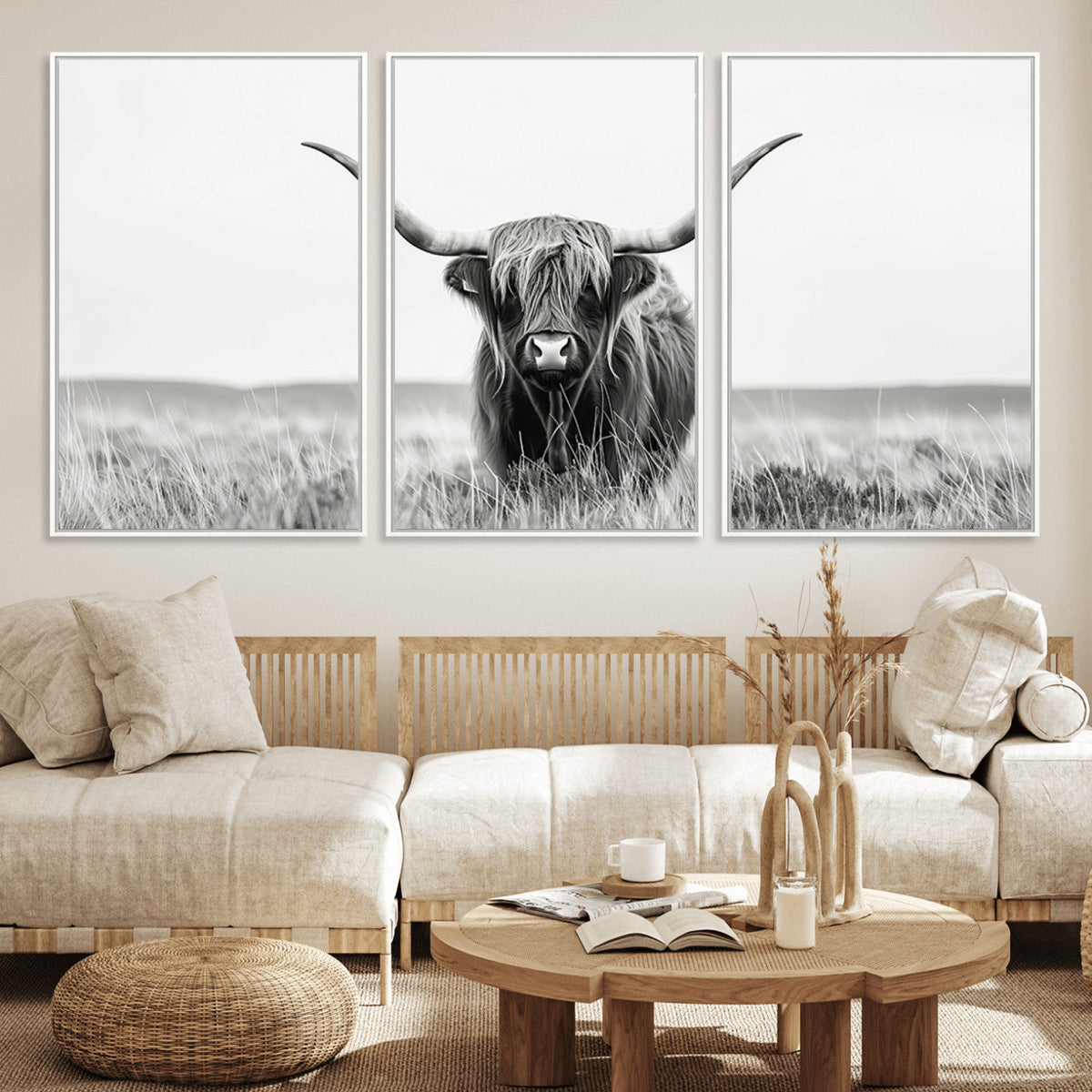 Highland Cow Canvas Wall Art – Majestic Beauty in Black and