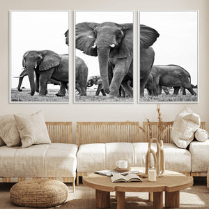 Black White Elephant Family Wall Art Canvas Print