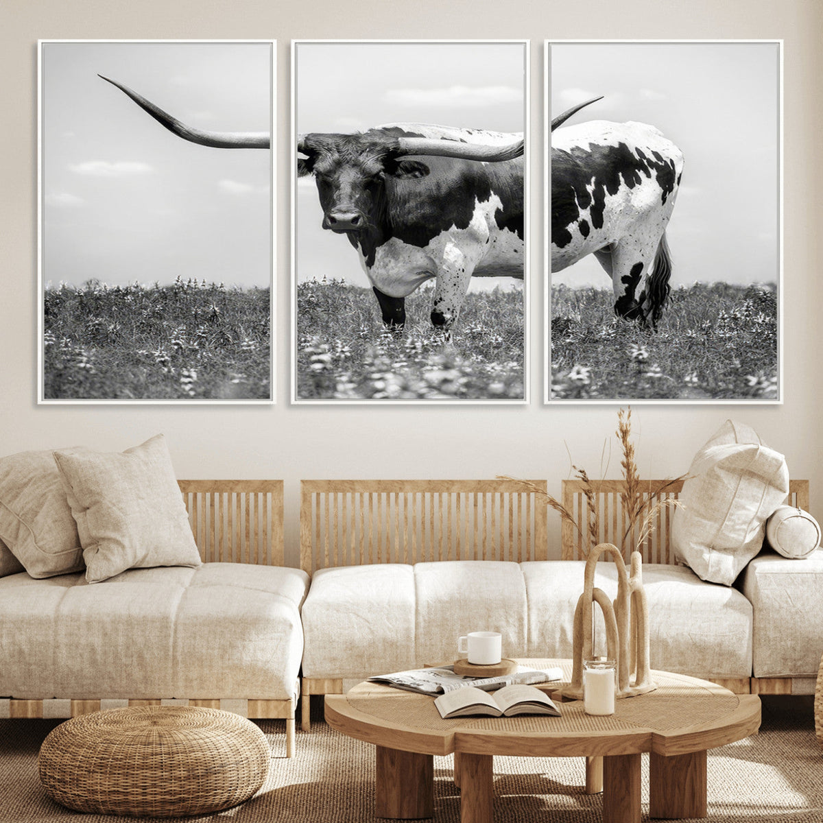 Texas Black White Highland Longhorn Cow Wall Art Canvas