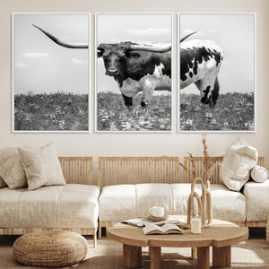 Texas Black White Highland Longhorn Cow Wall Art Canvas