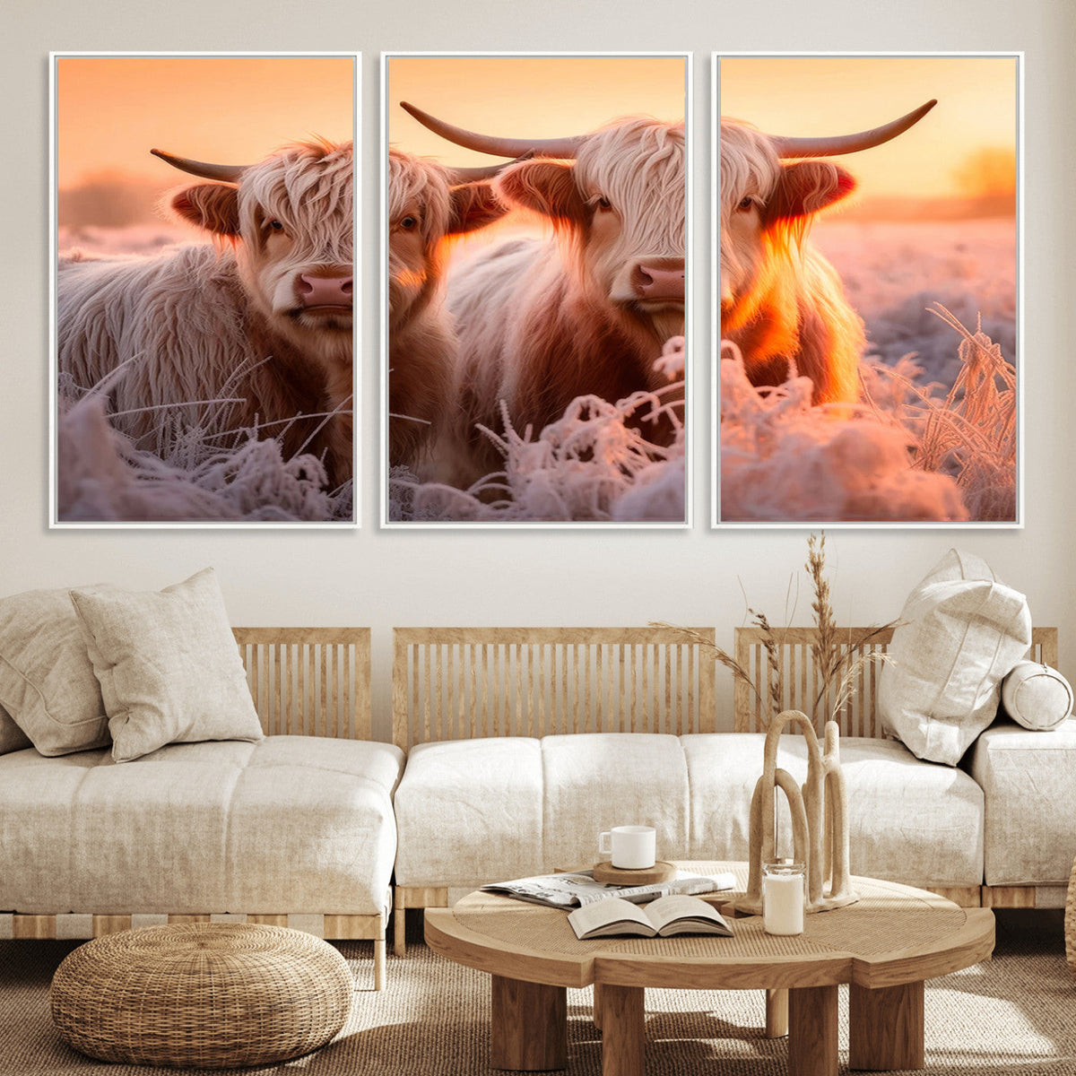Highland Cows at Sunrise Wall Art Canvas Set – Serene and