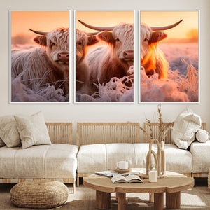 Highland Cows at Sunrise Wall Art Canvas Set – Serene and