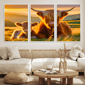 Scottish Cow and Baby Cow Canvas Wall Art Animal Print