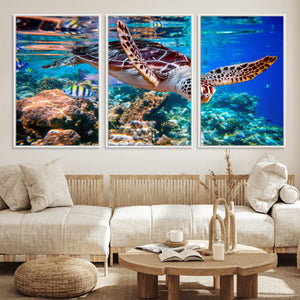 Underwater Coral Reef Sea Turtle Wall Art Canvas Print,