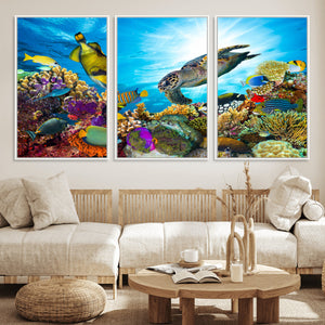 Colorful Coral Reef and Sea Life Turtle Canvas Print,