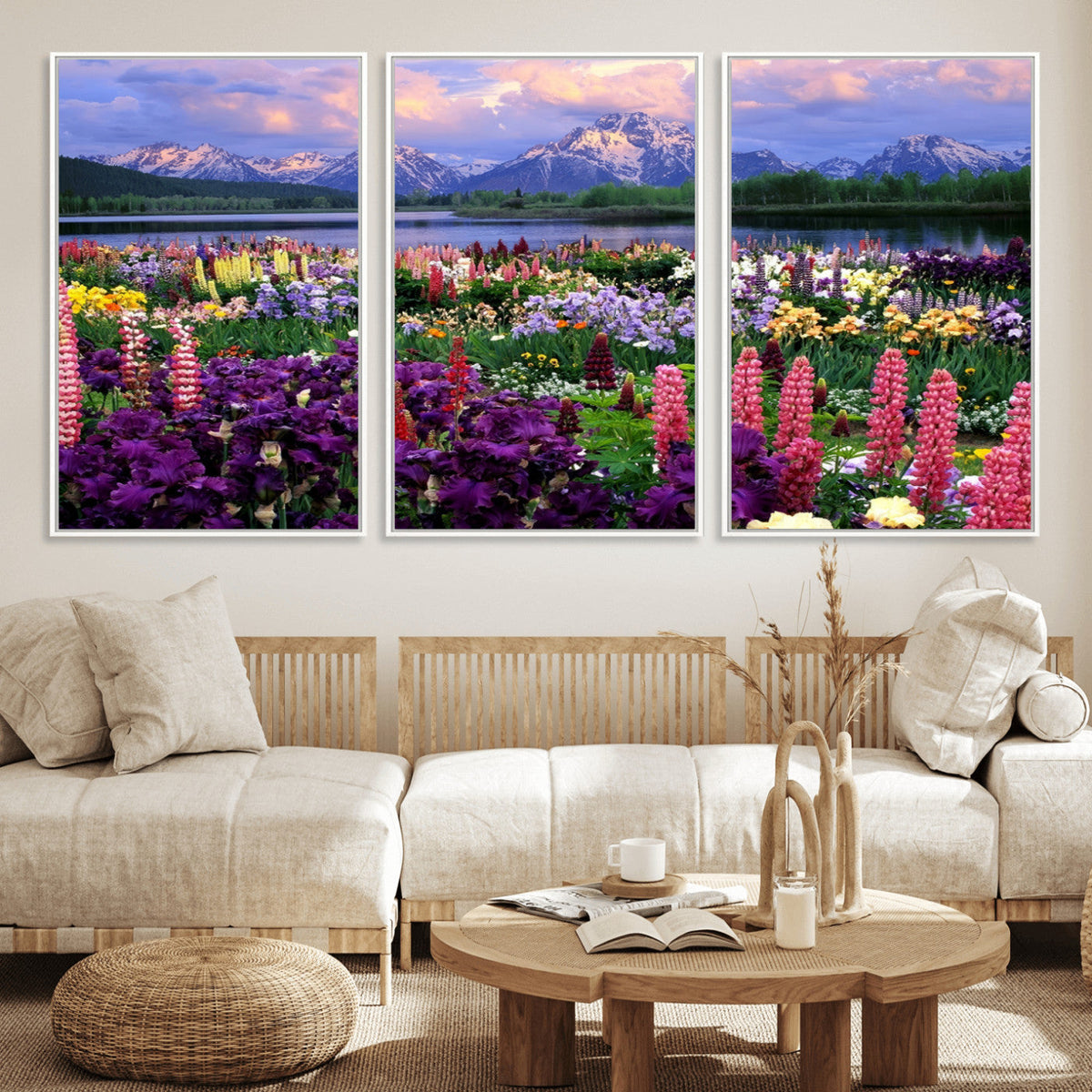 Vibrant Wildflower Garden and Mountain View Giclee Canvas