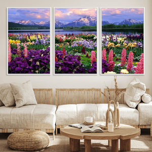 Vibrant Wildflower Garden and Mountain View Giclee Canvas